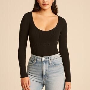Abercrombie & Fitch Black Ribbed Scoop Neck Long Sleeve Top Size S
